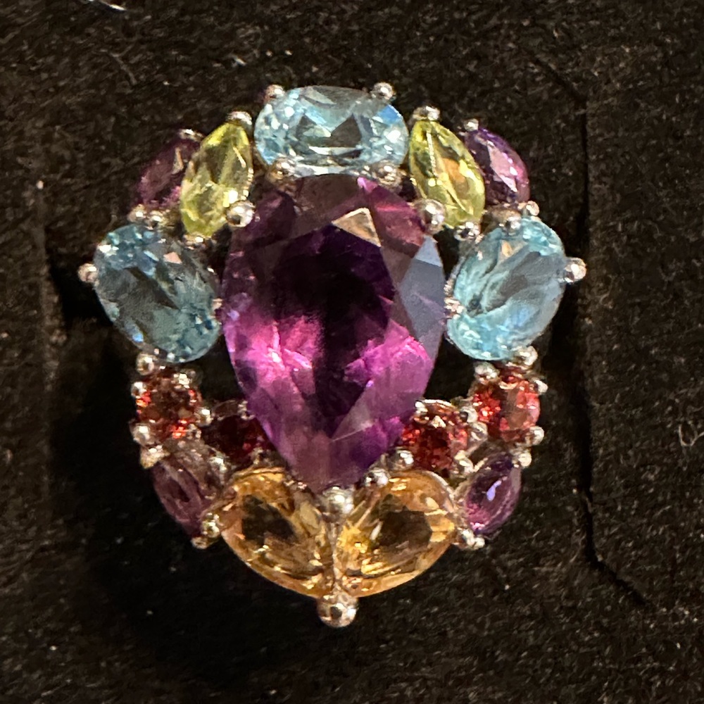 “Shangrila” Multi Gemstone 5.32 TCW Sterling Silver Cocktail Ring Size 7 - Picture 2 of 7